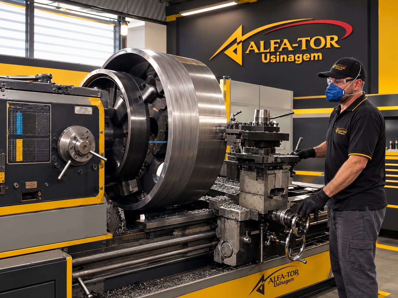 Torno convencional usinando uma grande peça cilíndrica de aço na oficina da ALFA-TOR Usinagem