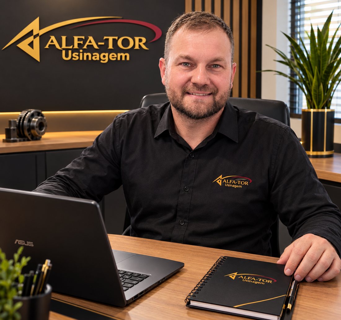 Escritório da ALFA-TOR Usinagem com o logotipo na parede, mesa de trabalho e notebook
