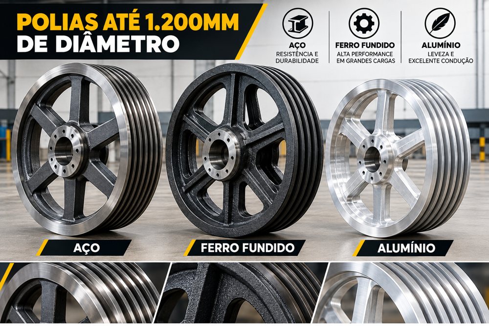 Polias de aço, ferro fundido e alumínio fabricadas em até 1.200 mm de diâmetro